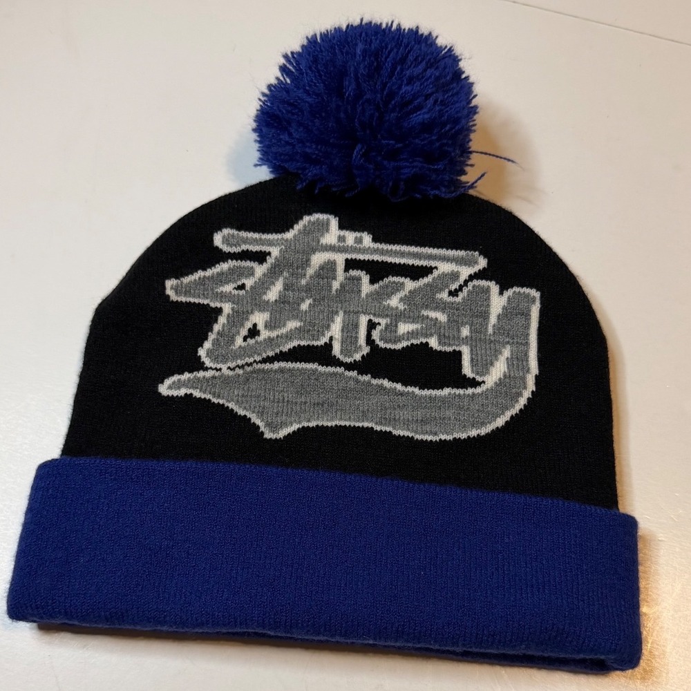 VTG Stussy Beanie Skull Cap Y2K Hat Black Pom Pom Knit Skully DS